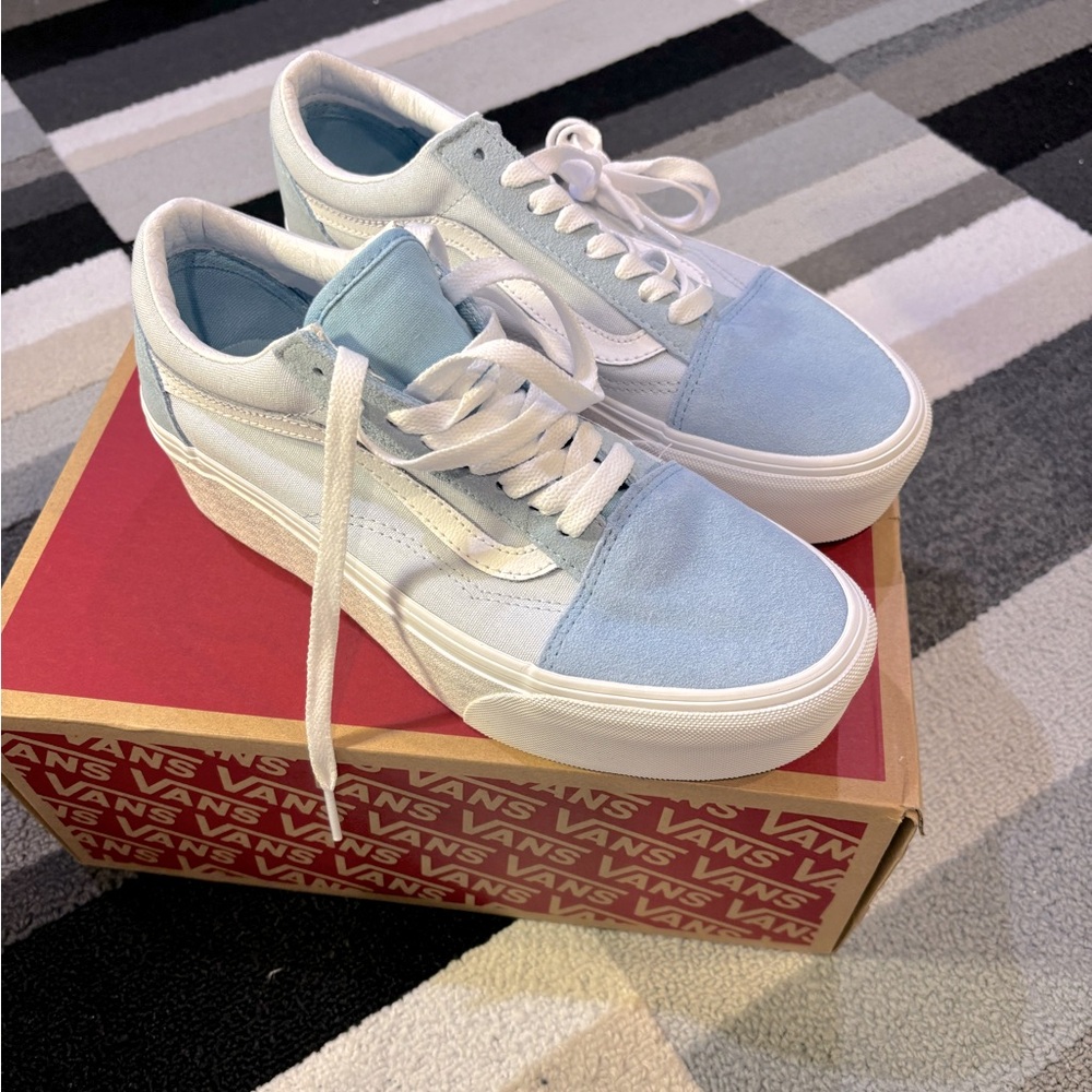 Vans Old Skool Stackform Soft Suede Side Stripe Block Blue  & White Shoes Sz 8